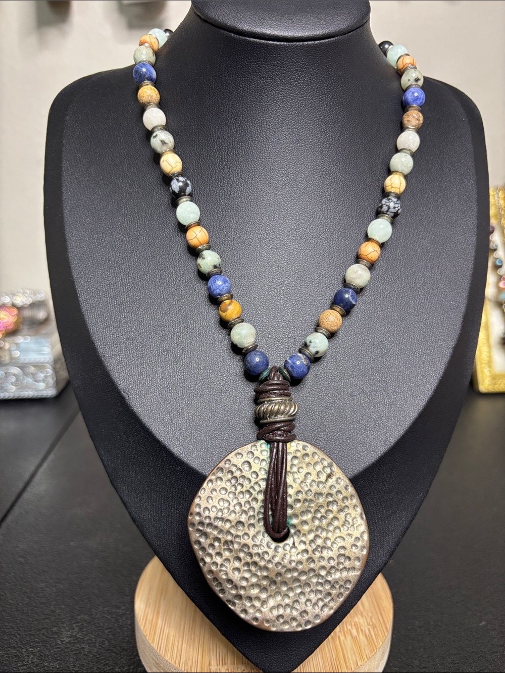 Boho Multi-Stone Beaded Necklace with Hammered Disc Pendant